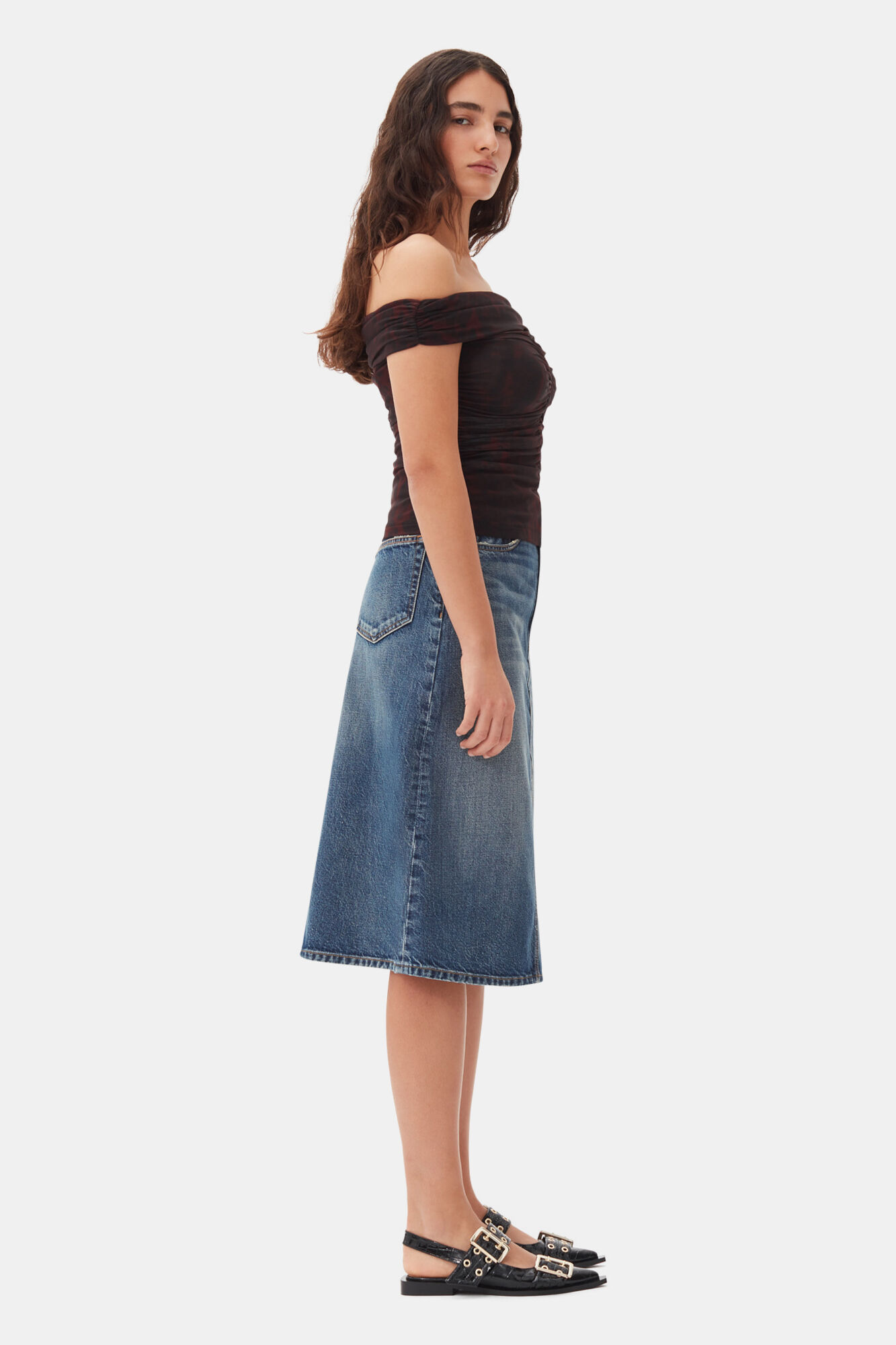 Dark Blue Heavy Washed Denim midikjol, Cotton, in colour Mid Blue Vintage - 2 - GANNI