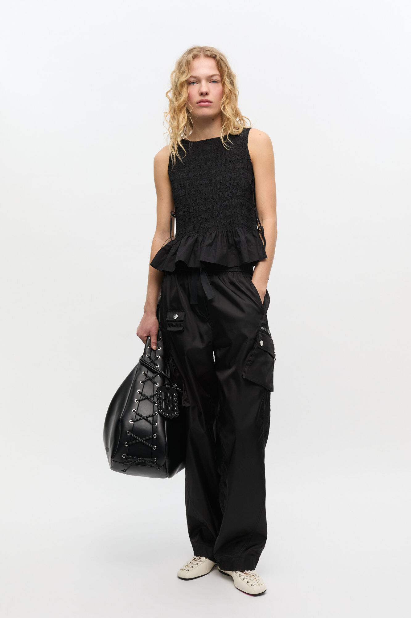Black Cotton Smock Tie Top, Cotton, in colour Black - 2 - GANNI