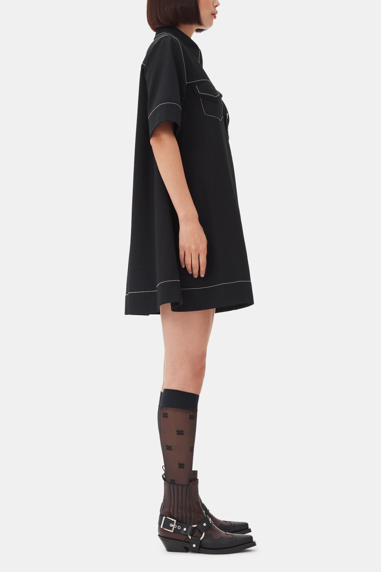 Black Crepe Mini Dress, Recycled Polyester, in colour Black - 3 - GANNI