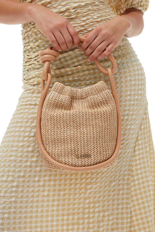 Ganni Small Knot Bucket Raffia Bag In Tan