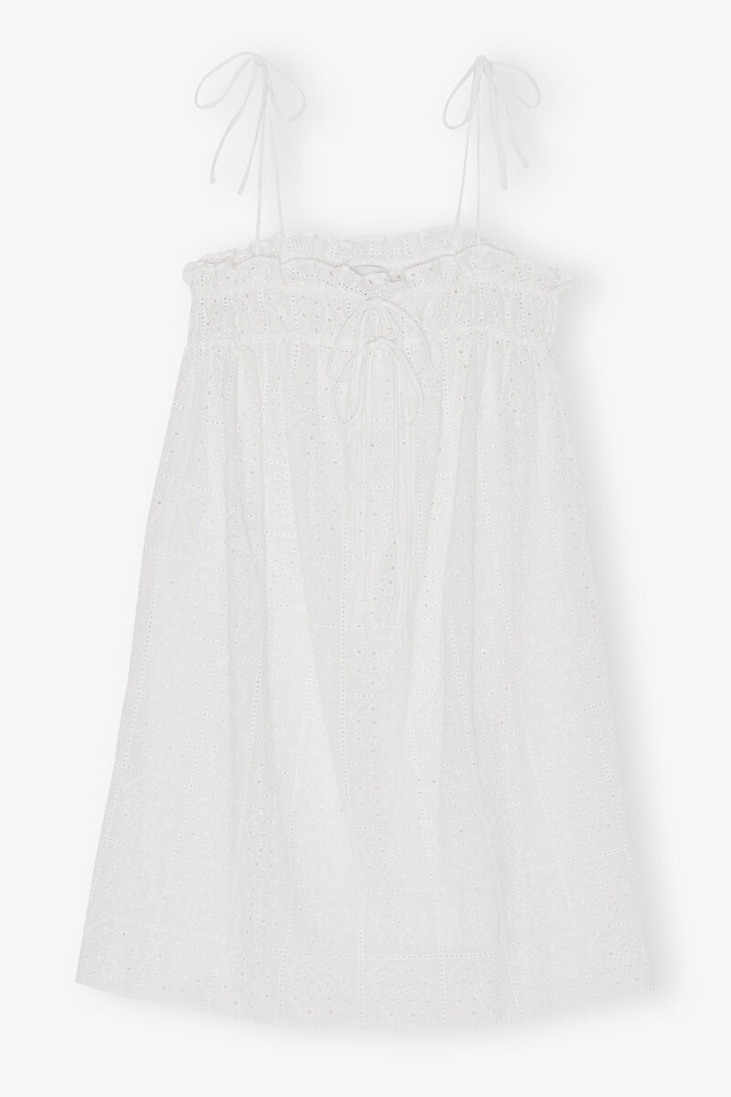 White Broderie Anglaise Strap Dress, Cotton, in colour Bright White - 3 - GANNI