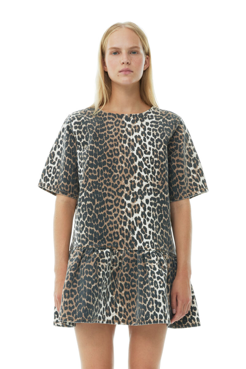 Leopard Open-back Mini Denim klänning, Cotton, in colour Leopard - 2 - GANNI