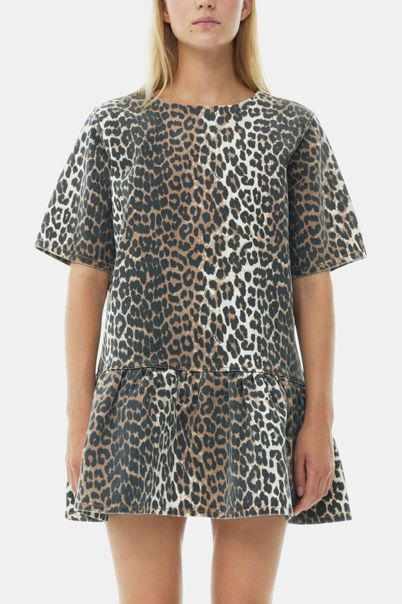 Pre-Order  Leopard Print Short Sleeve Pleated Denim Mini Dress