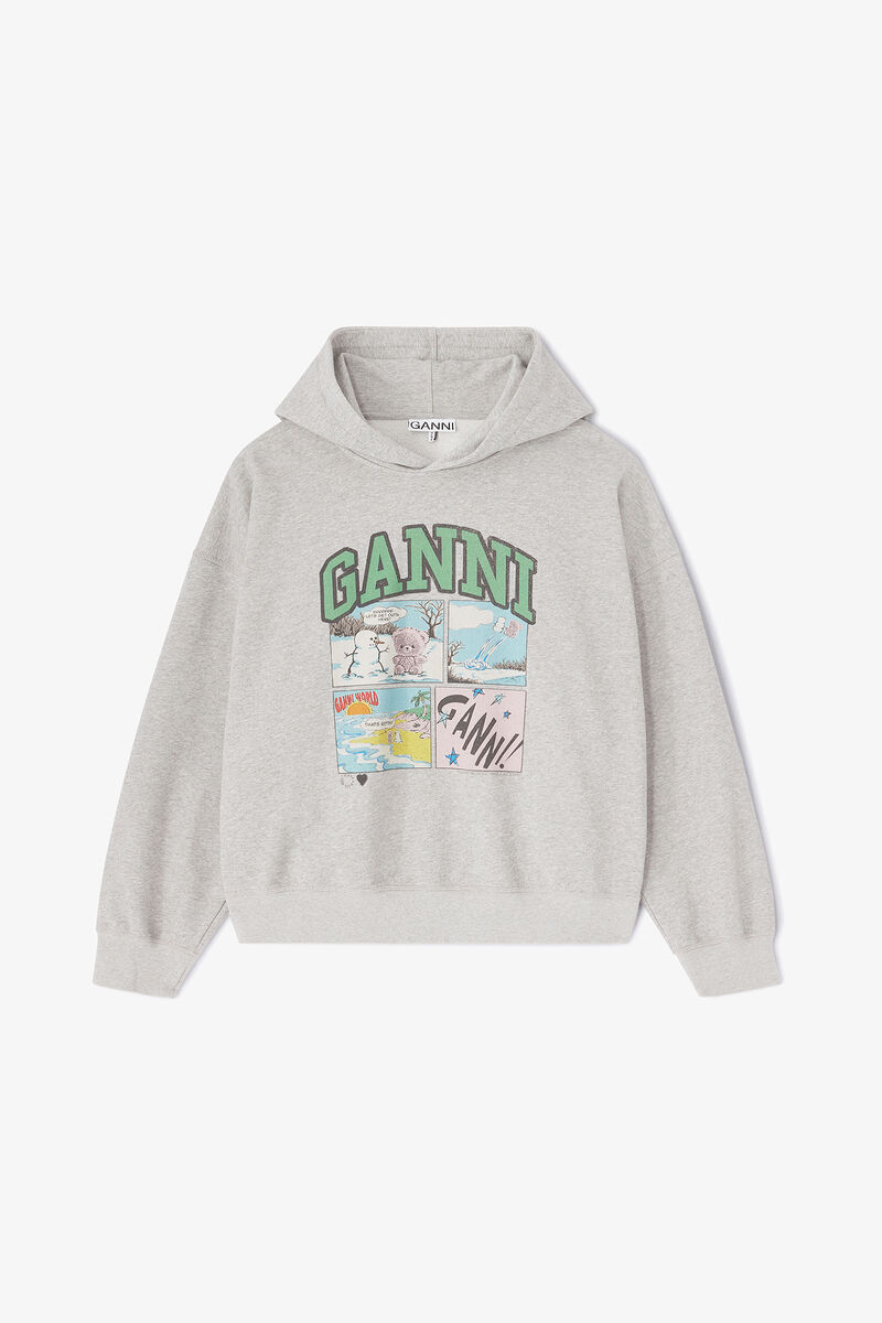 Gr&aring; h&aelig;ttetr&oslash;je med tegneserie print, Organic Cotton, in colour Paloma - 1 - GANNI