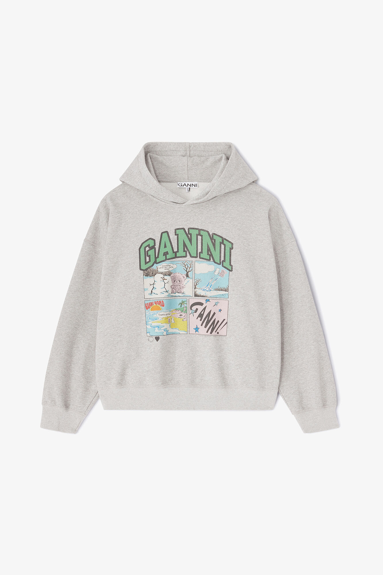 Gr&aring; h&aelig;ttetr&oslash;je med tegneserie print, Organic Cotton, in colour Paloma - 1 - GANNI