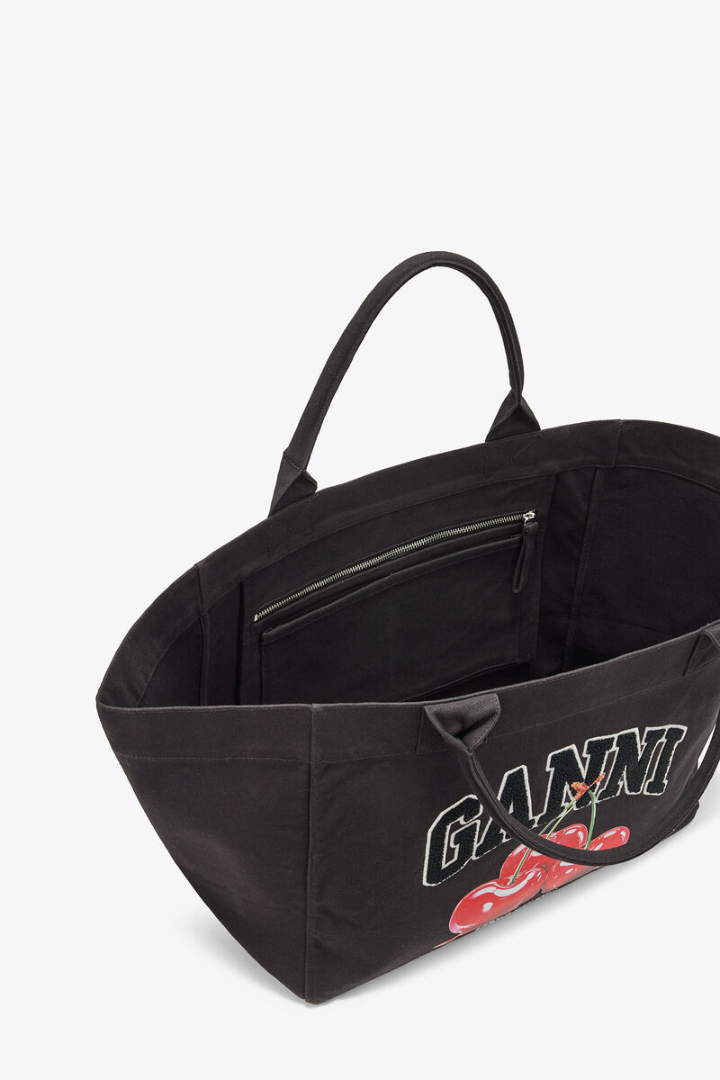 Black XXL Cherry Tote, Recycled Cotton, in colour Phantom - 3 - GANNI
