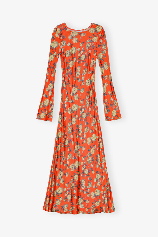 Orange Floral Printed Satin Maxi Dress, Poinciana