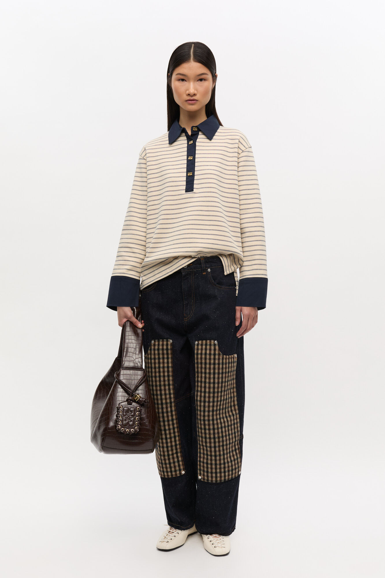 Striped Cotton Polo, Cotton, in colour Egret - 2 - GANNI