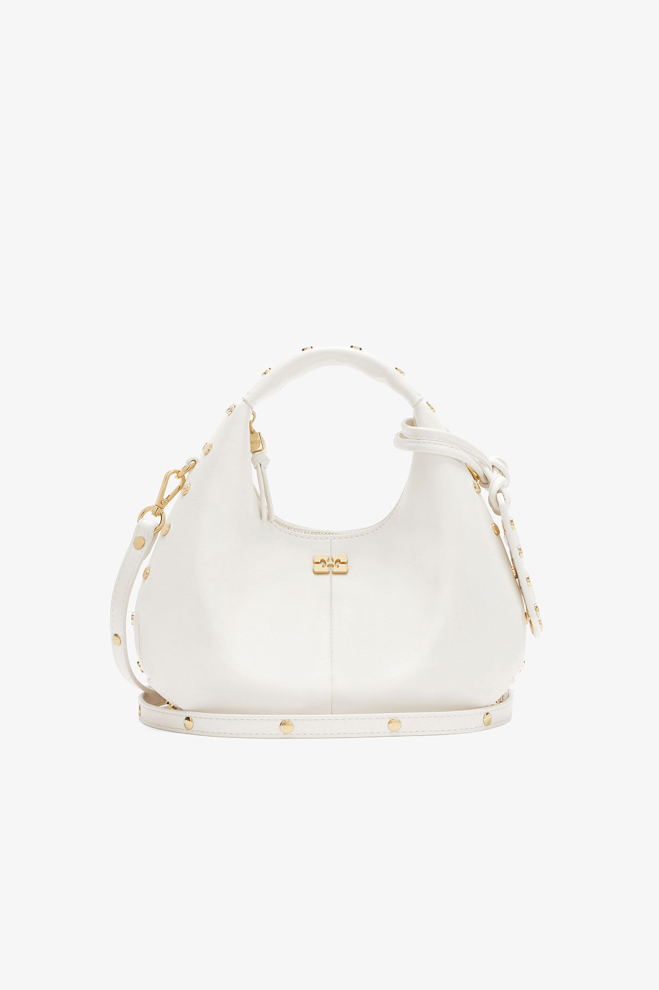 Mini Hobo Bag Studs in White, Recycled Leather, in colour Egret - 1 - GANNI