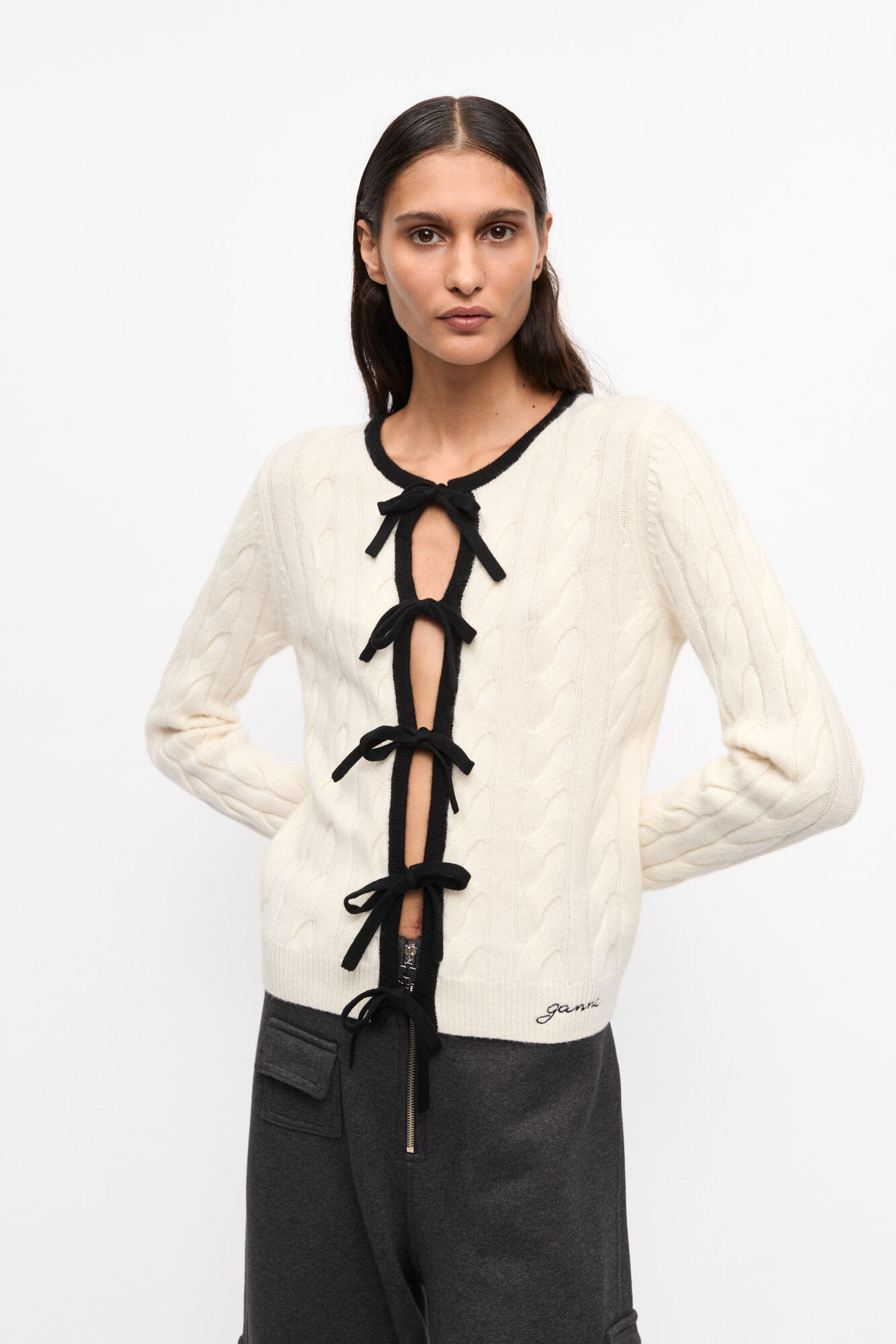 Ivory Cashmere Mix Tie String Cardigan, Cashmere, in colour Egret - 1 - GANNI
