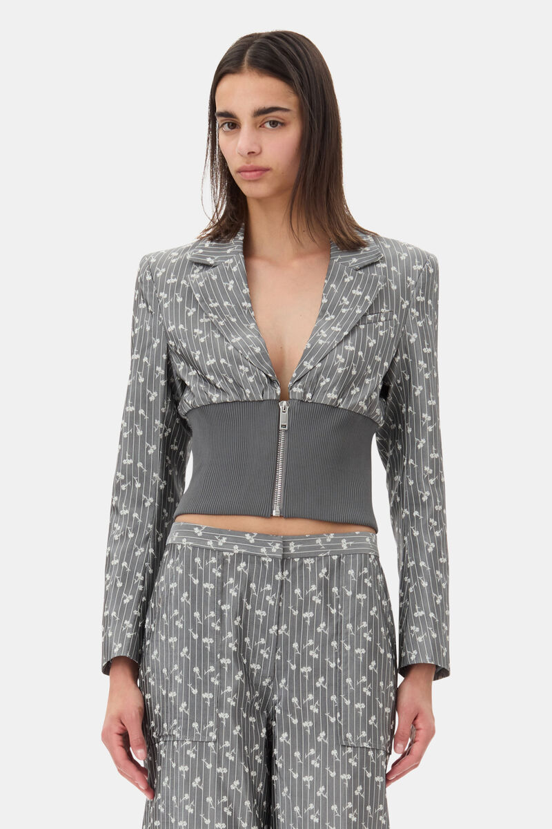 Grey Jacquard Cropped Blazer, Acetate, in colour Smoked Pearl - 1 - GANNI