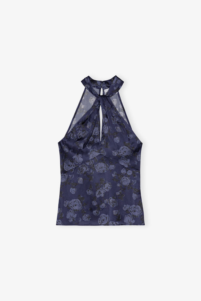 Dark Blue Floral Printed Top, Peacoat