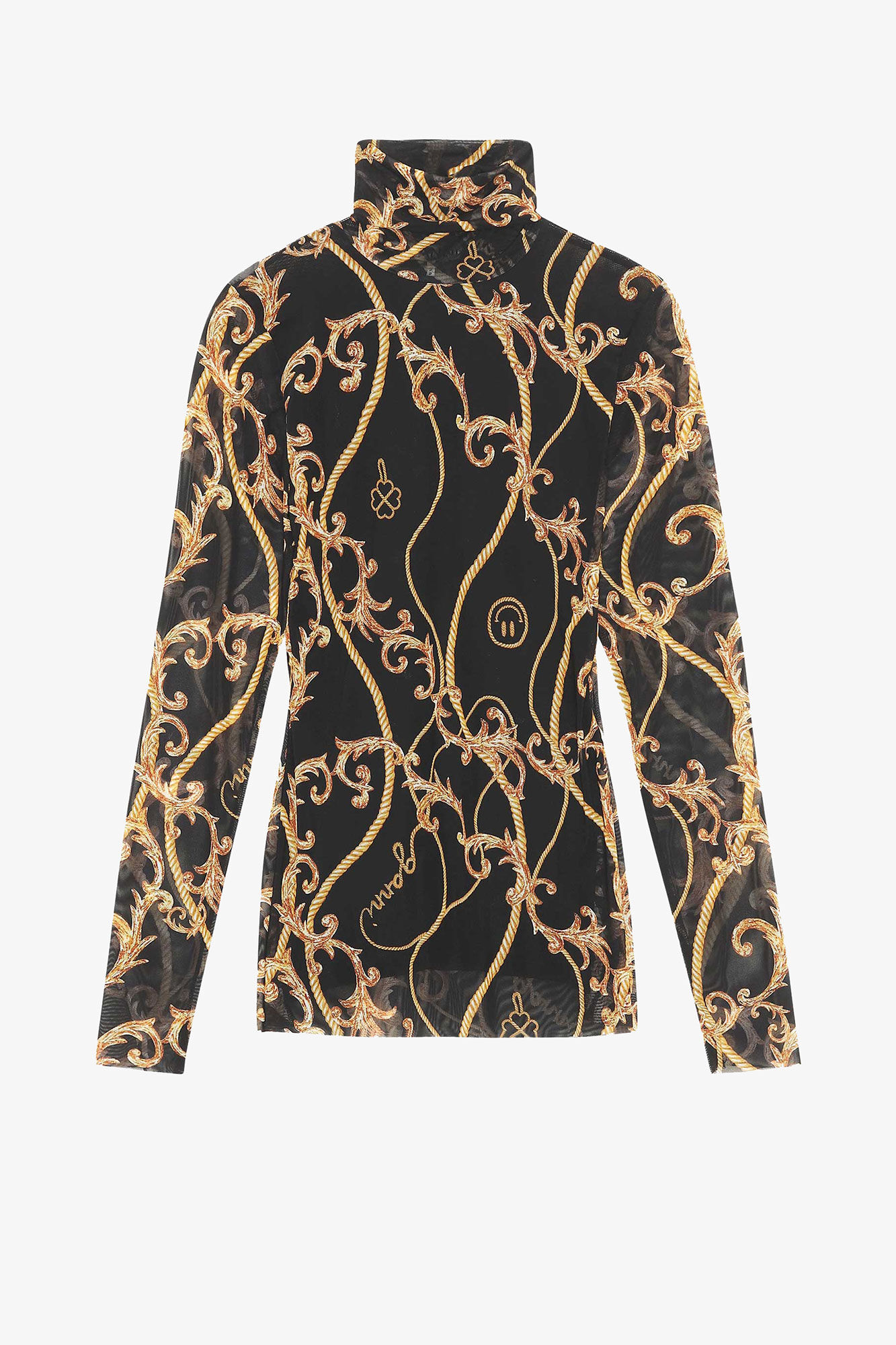 Black Printed Sheer Mesh Rollneck, Nylon, in colour Black - 1 - GANNI