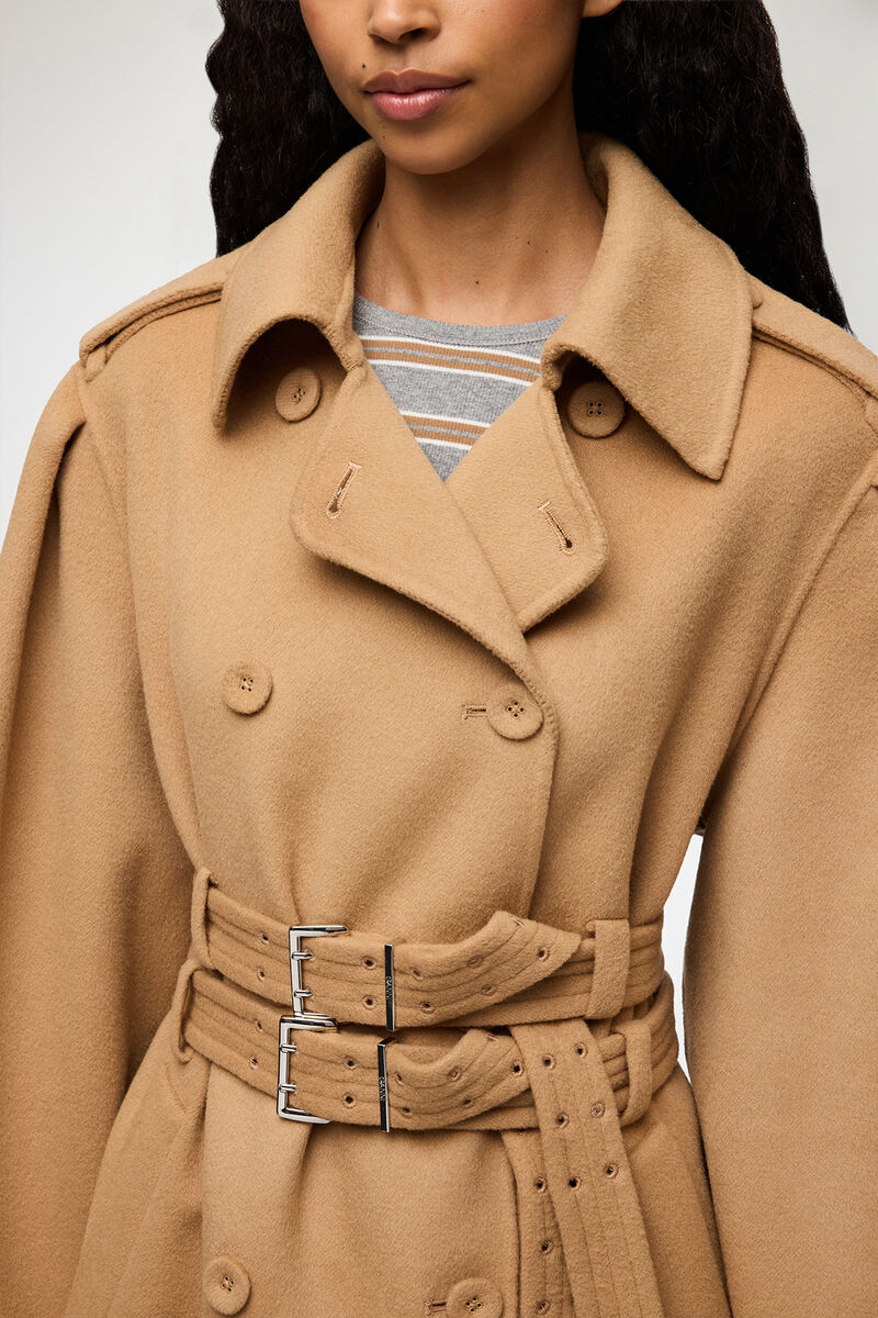 Coat in Double-Faced Wool, Wool, in colour Tiger's Eye - 2 - GANNI