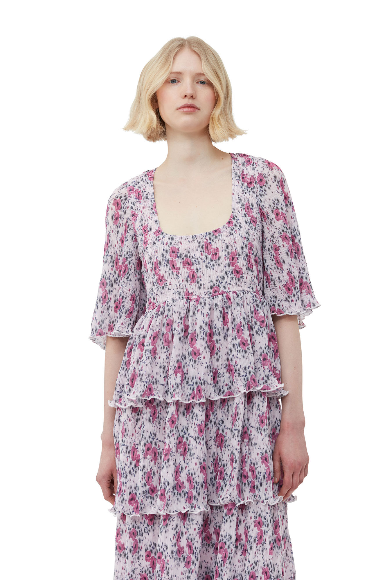 Pleated Georgette Flounce Smock Midi Dress, Recycled Polyester, in colour Mauve Chalk - 4 - GANNI