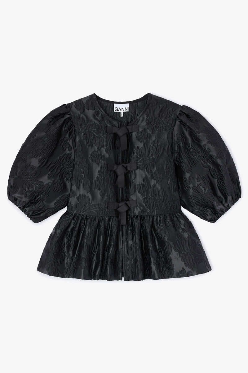 Satin Peplum Tie Blouse, Recycled Polyester, in colour Black - 1 - GANNI