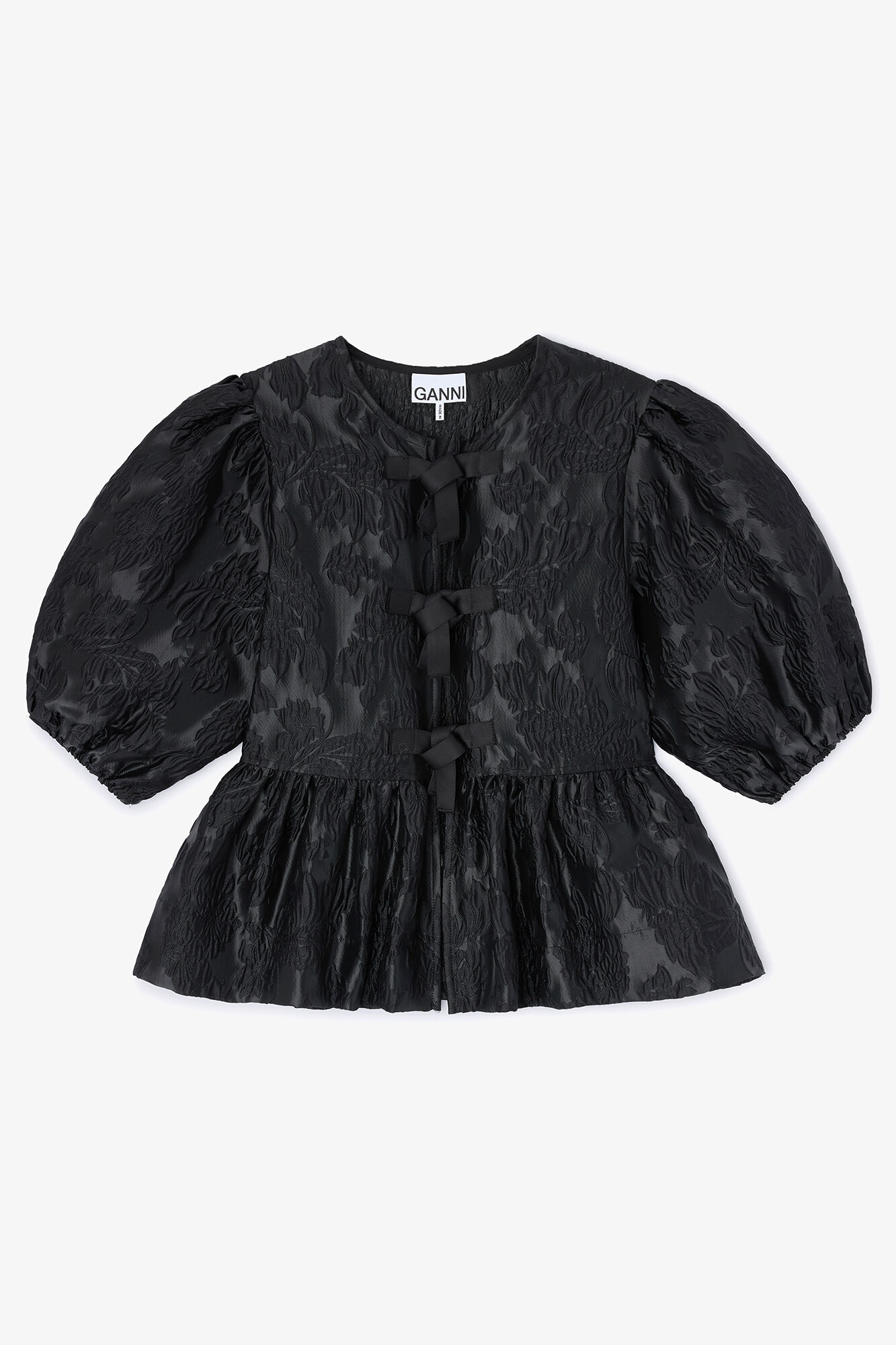 Satin Peplum Tie Blouse, Recycled Polyester, in colour Black - 1 - GANNI