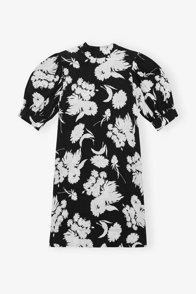 Printed Crepe Mini Dress, Black