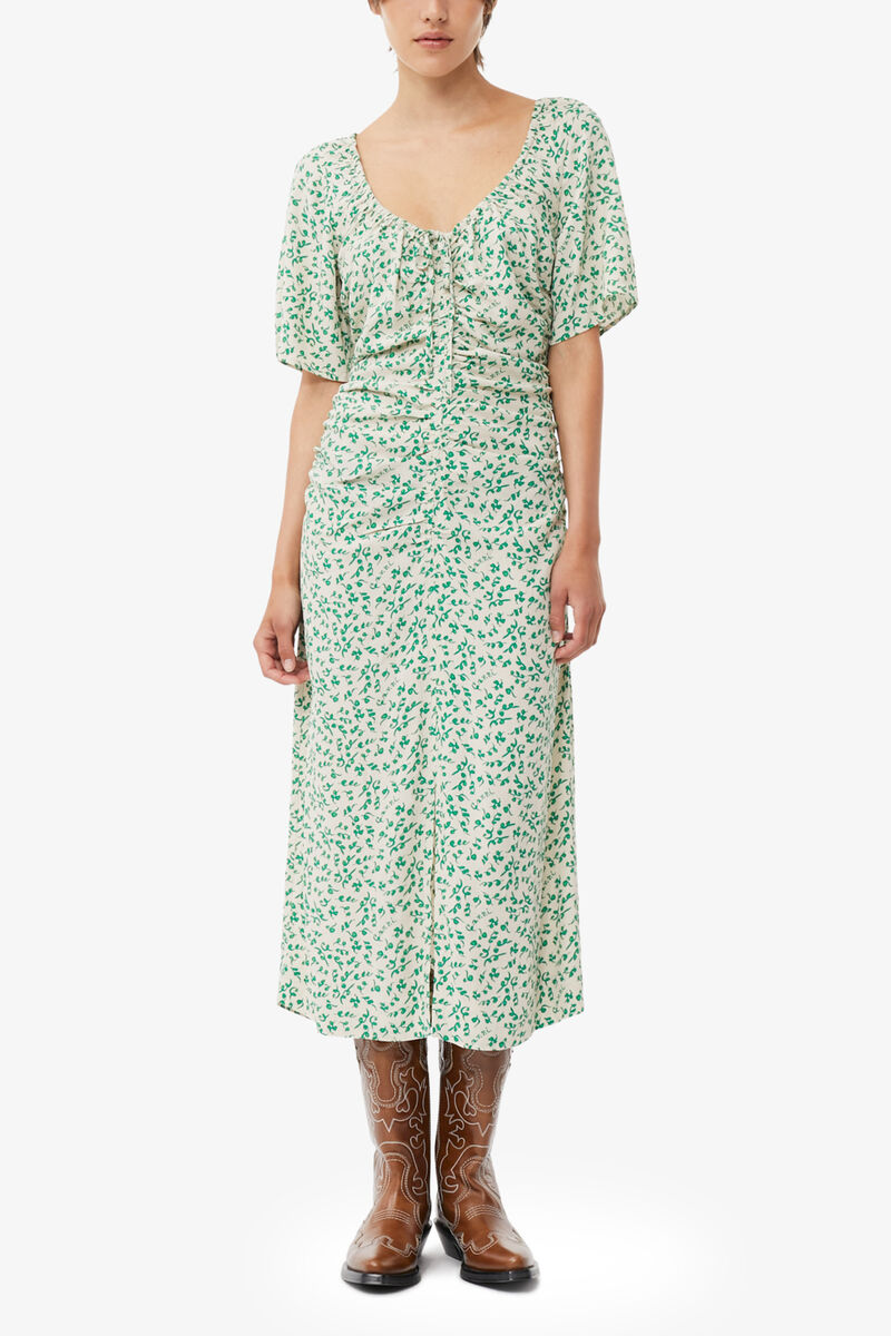 Printed Crepe U-neck Midi Dress, Viscose, in colour Tapioca - 1 - GANNI