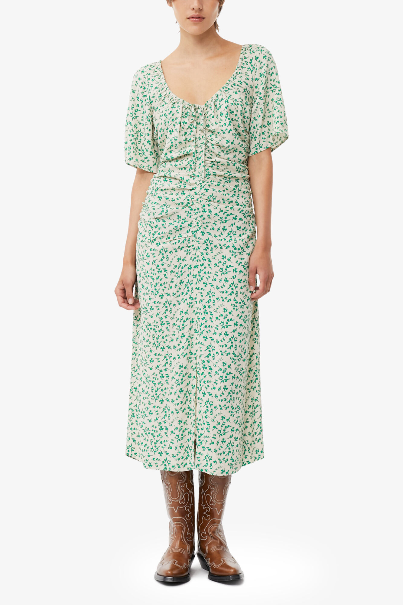 Printed Crepe U-neck Midi Dress, Viscose, in colour Tapioca - 1 - GANNI