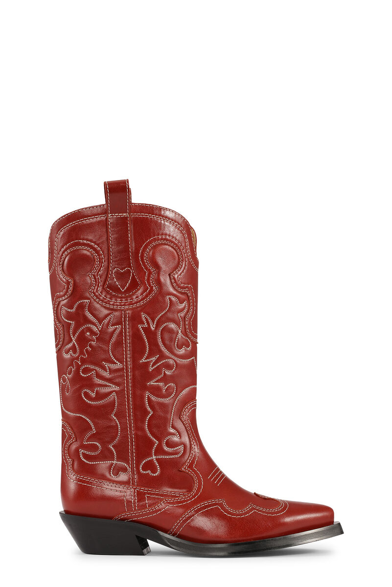 Embroidered Western Boots, Calf Leather, in colour Barbados Cherry - 1 - GANNI