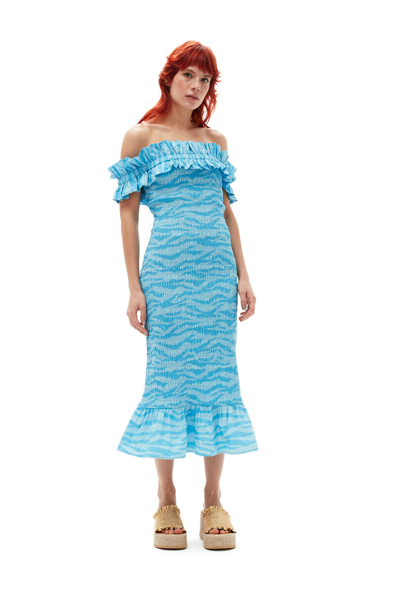 Printed Cotton Off-shoulder Smock Midi Dress, Cotton, in colour Ethereal Blue - 1 - GANNI