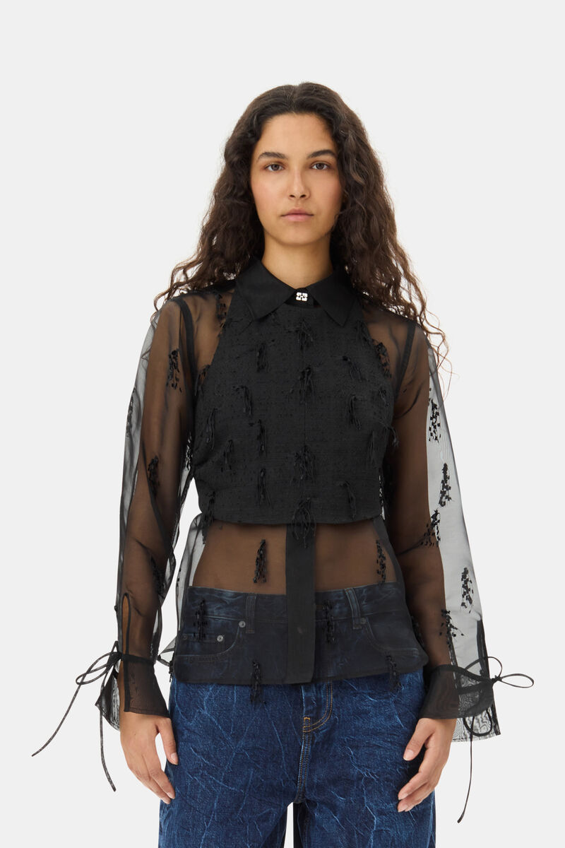Black Fringed Organza Shirt, Recycled Polyester, in colour Black - 1 - GANNI