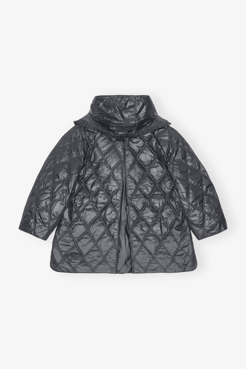 Black Shiny Quilt Midi Jacket, Nylon, in colour Black Sand - 2 - GANNI