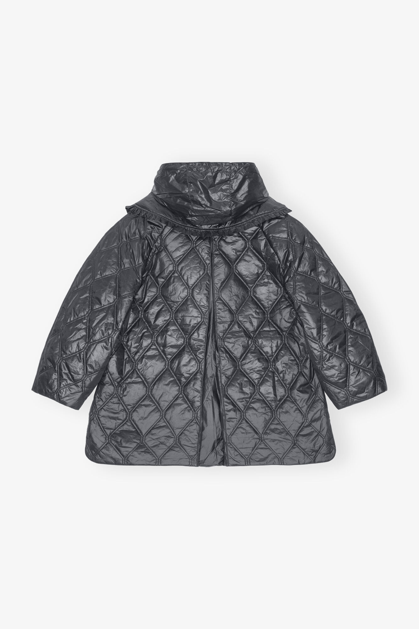 Black Shiny Quilt Midi Jacket, Nylon, in colour Black Sand - 2 - GANNI