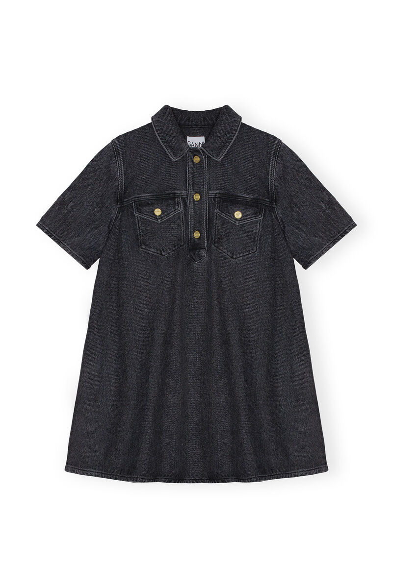 Washed Black Heavy Denim Minikjole, Cotton, in colour Washed Black/Black - 1 - GANNI