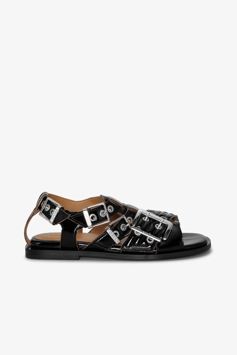 Black Naplack Buckle Sandals, Polyurethane, in colour Black - 1 - GANNI