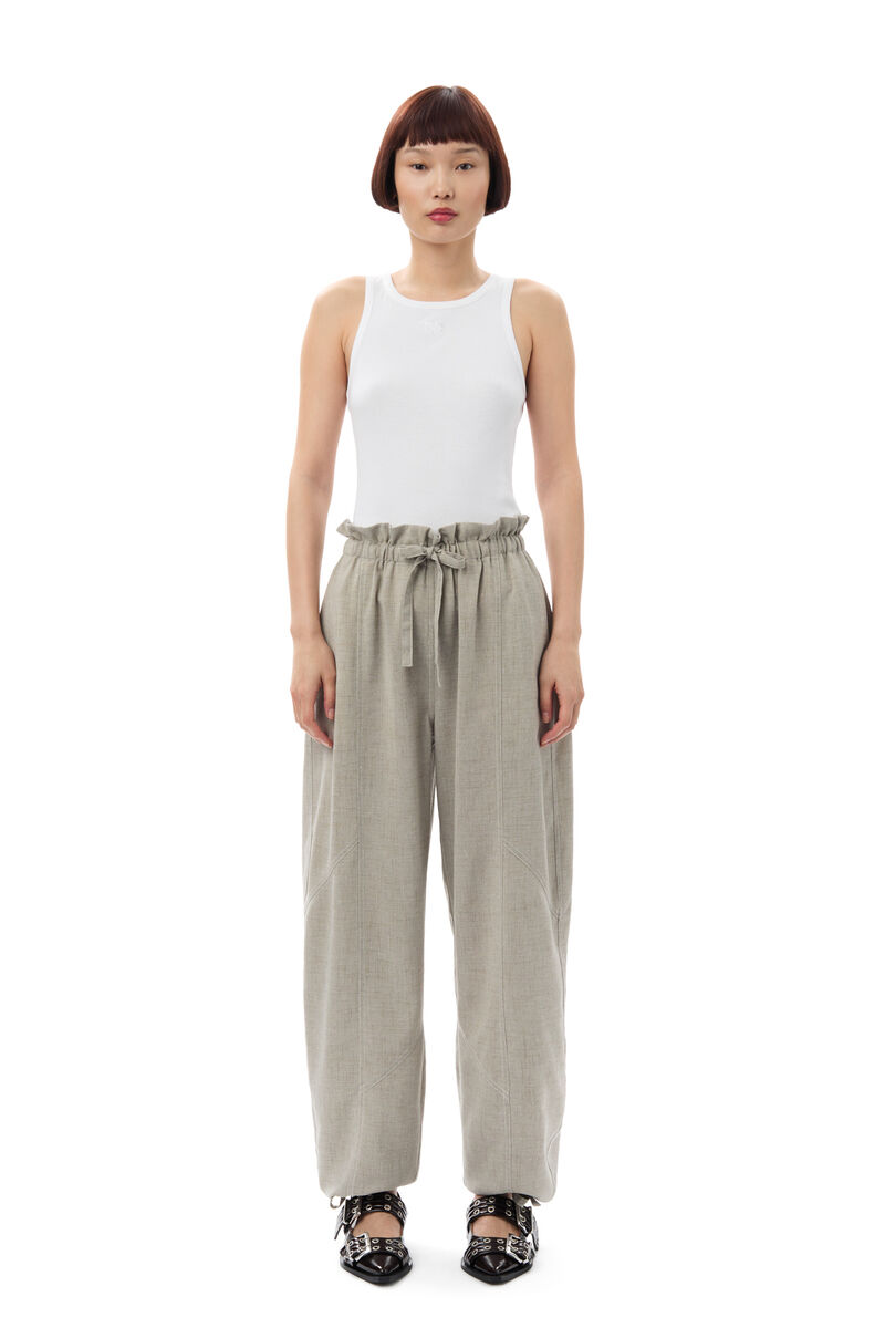 Grey Light Melange Suiting Elasticated Waist Pants, Polyester, in colour Alfalfa - 1 - GANNI