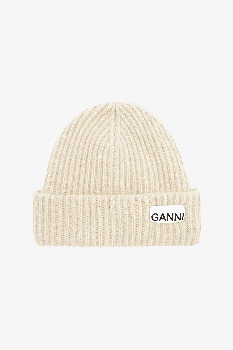 Oversized Wool Rib Knit Beanie, Recycled Wool, in colour Brazilian Sand - 1 - GANNI