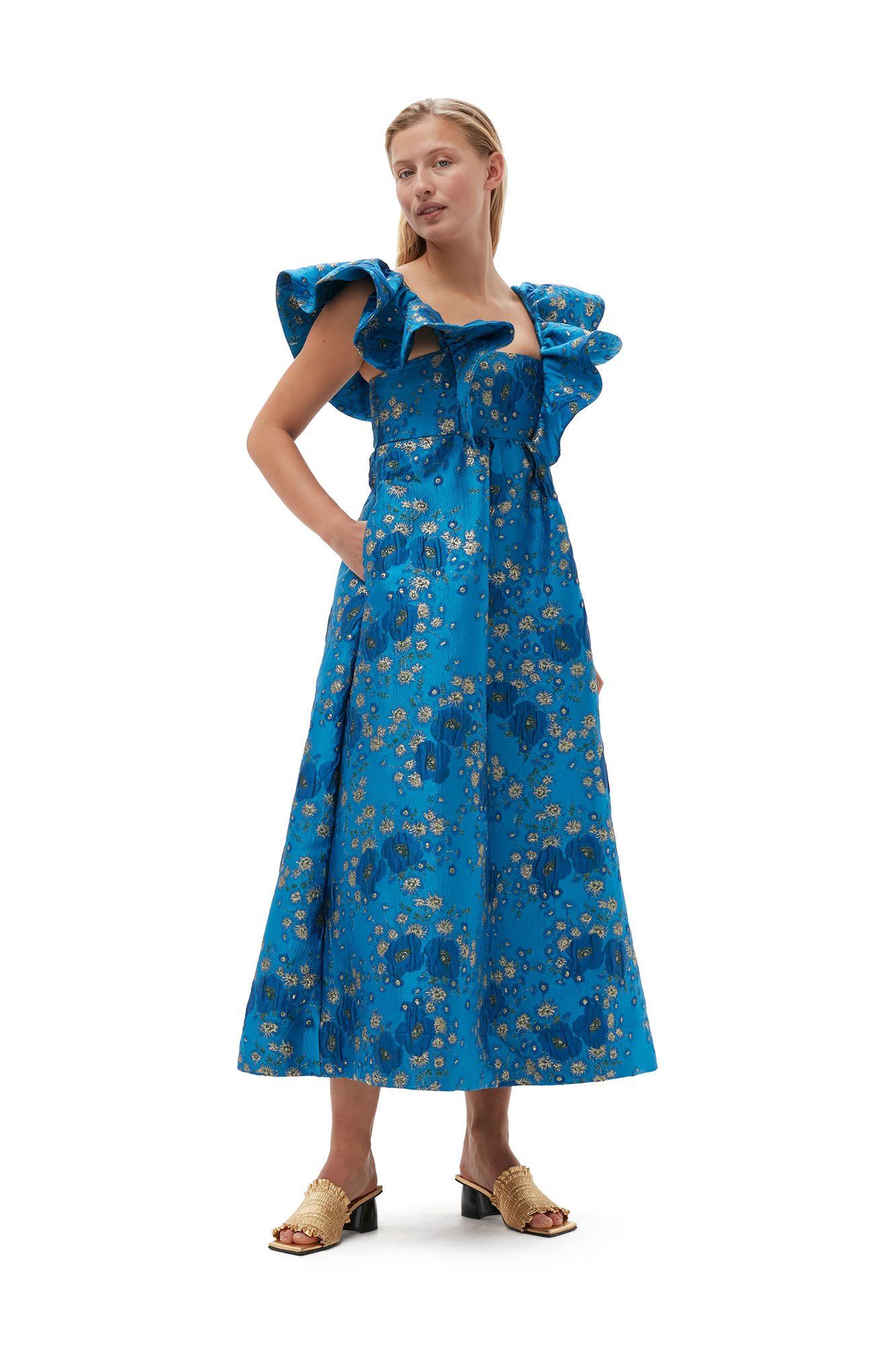 Brilliant Blue 3D Jacquard Ruffle Midi Dress | GANNI US