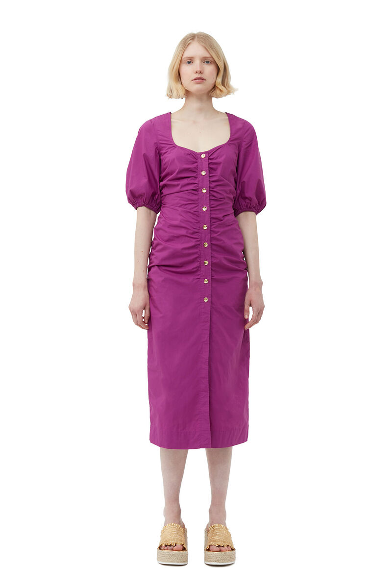 Cotton Poplin Gathered Open-neck Maxi Dress, Cotton, in colour Purple Wine - 1 - GANNI
