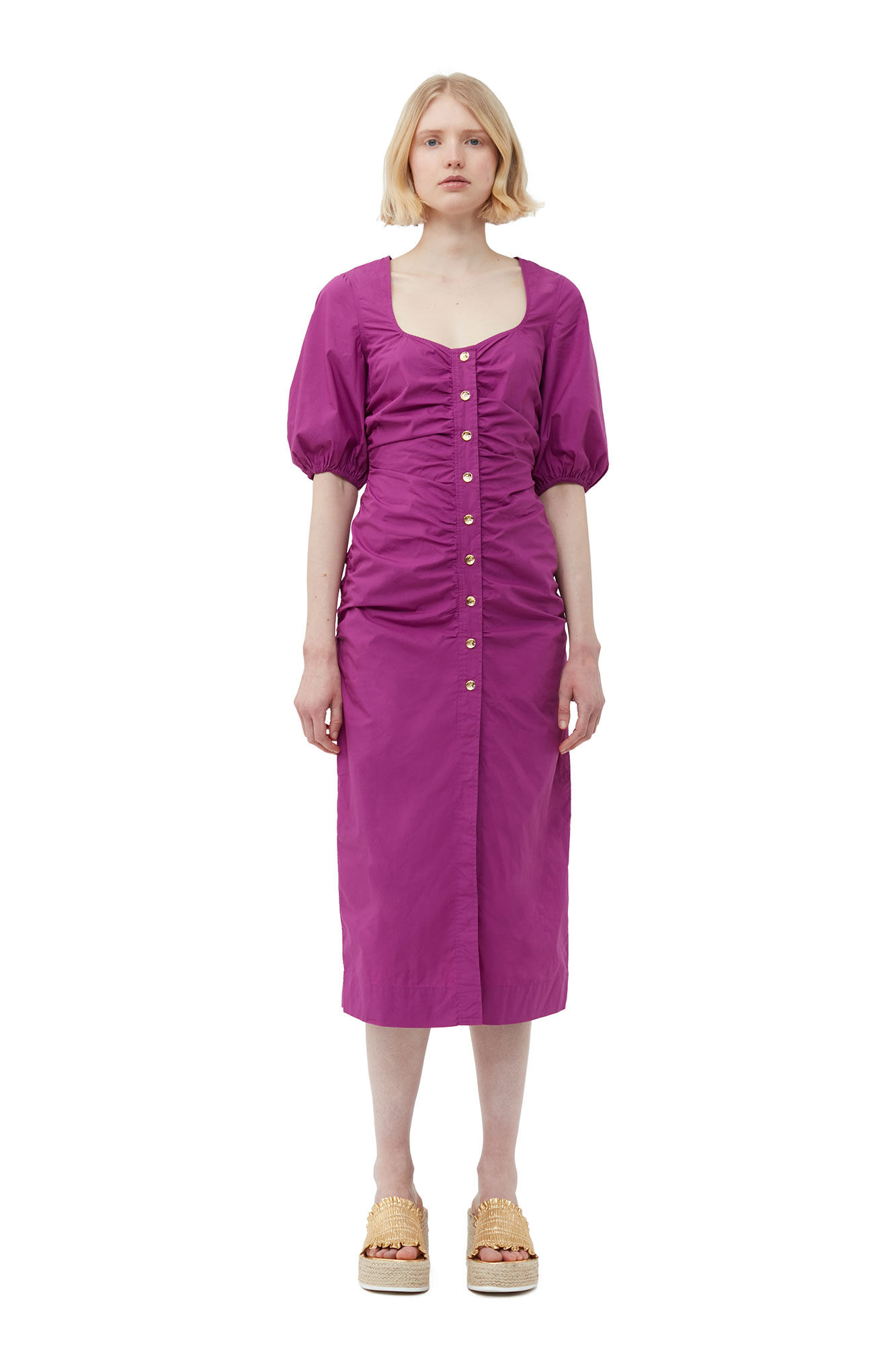 Cotton Poplin Gathered Open-neck Maxikjole, Cotton, in colour Purple Wine - 1 - GANNI