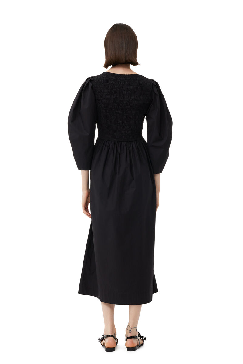 Black Cotton Poplin Open-neck Smock Long Dress, Cotton, in colour Black - 2 - GANNI