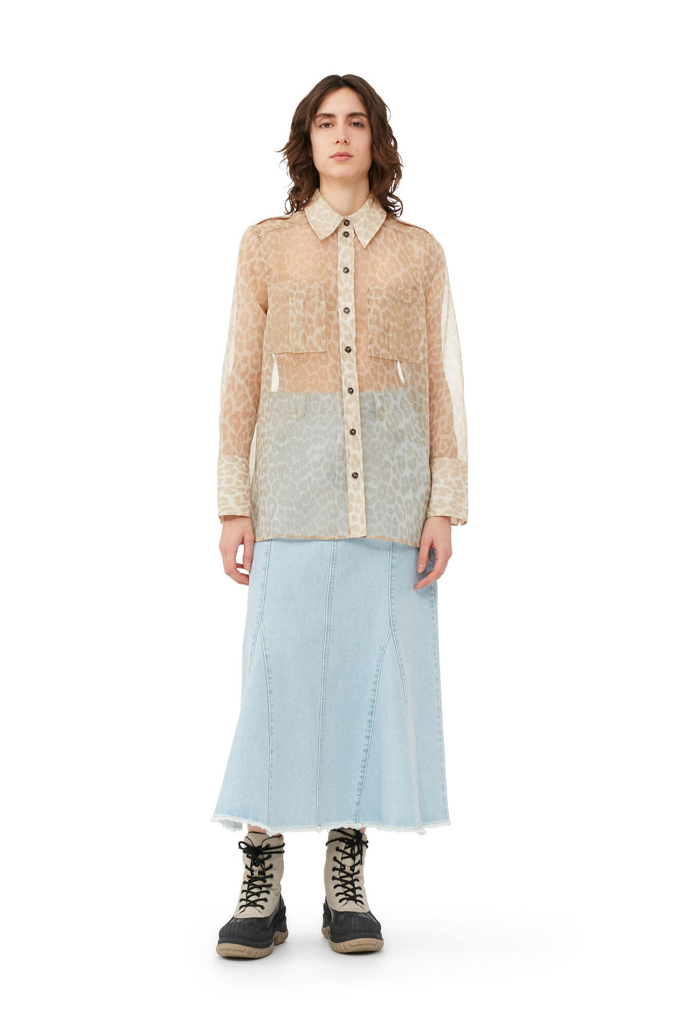 Printed Organza Shirt, Polyester, in colour Oyster Gray - 1 - GANNI