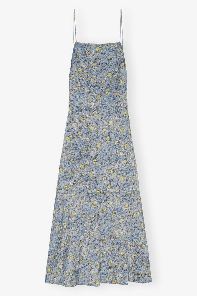 Blue Floral Crinkled Satin Long Kleid, Dusty Blue