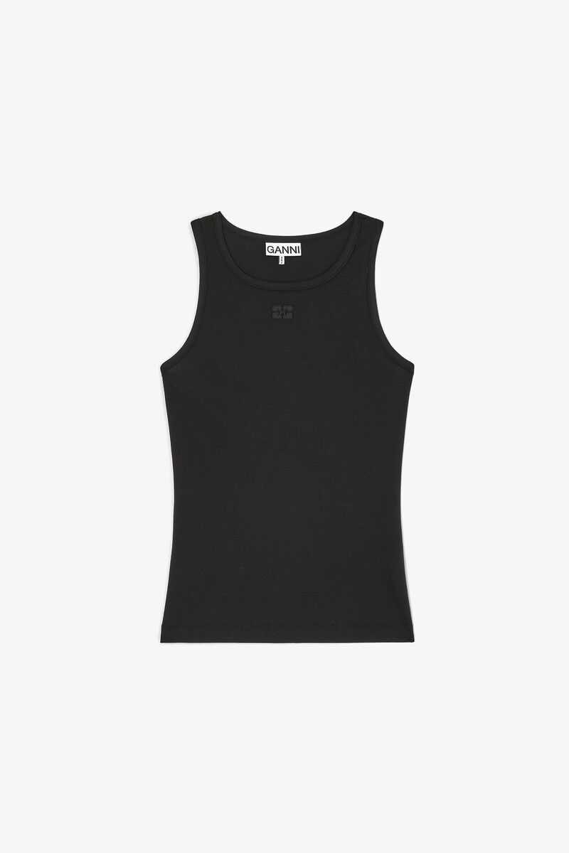 Sort tanktop i bl&oslash;d rib bomuld, Organic Cotton, in colour Black - 1 - GANNI