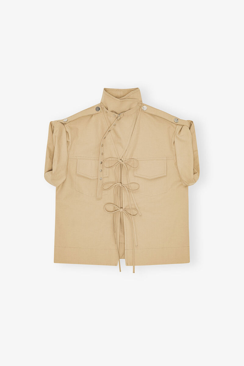 Beige Stretch Cotton Blouse, Linen, in colour Pale Khaki - 1 - GANNI