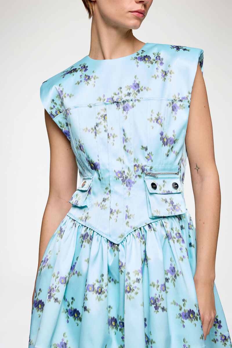 Dress in Printed Satin, Recycled Polyester, in colour Iced Aqua - 3 - GANNI