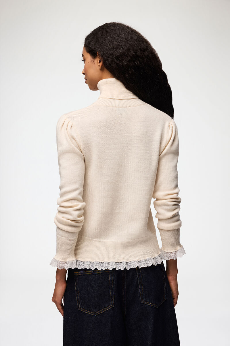 Turtleneck in Lace Merino, Merino Wool, in colour Egret - 3 - GANNI