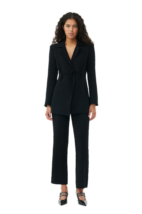 Black Textured Suiting Tie String Blazer, in colour Black - 2 - GANNI