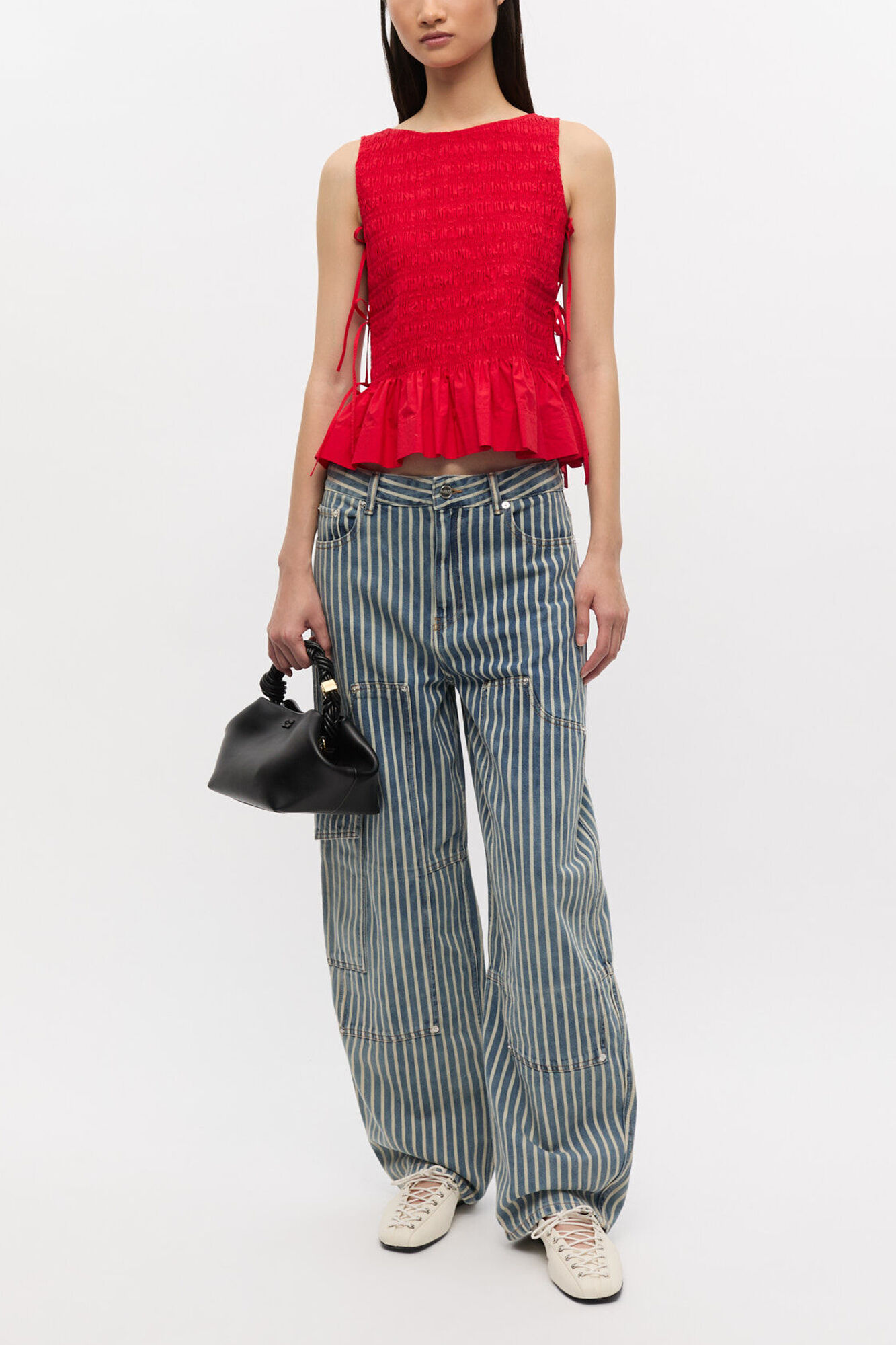 Red Cotton Smock Tie Top, Organic Cotton, in colour Racing Red - 2 - GANNI