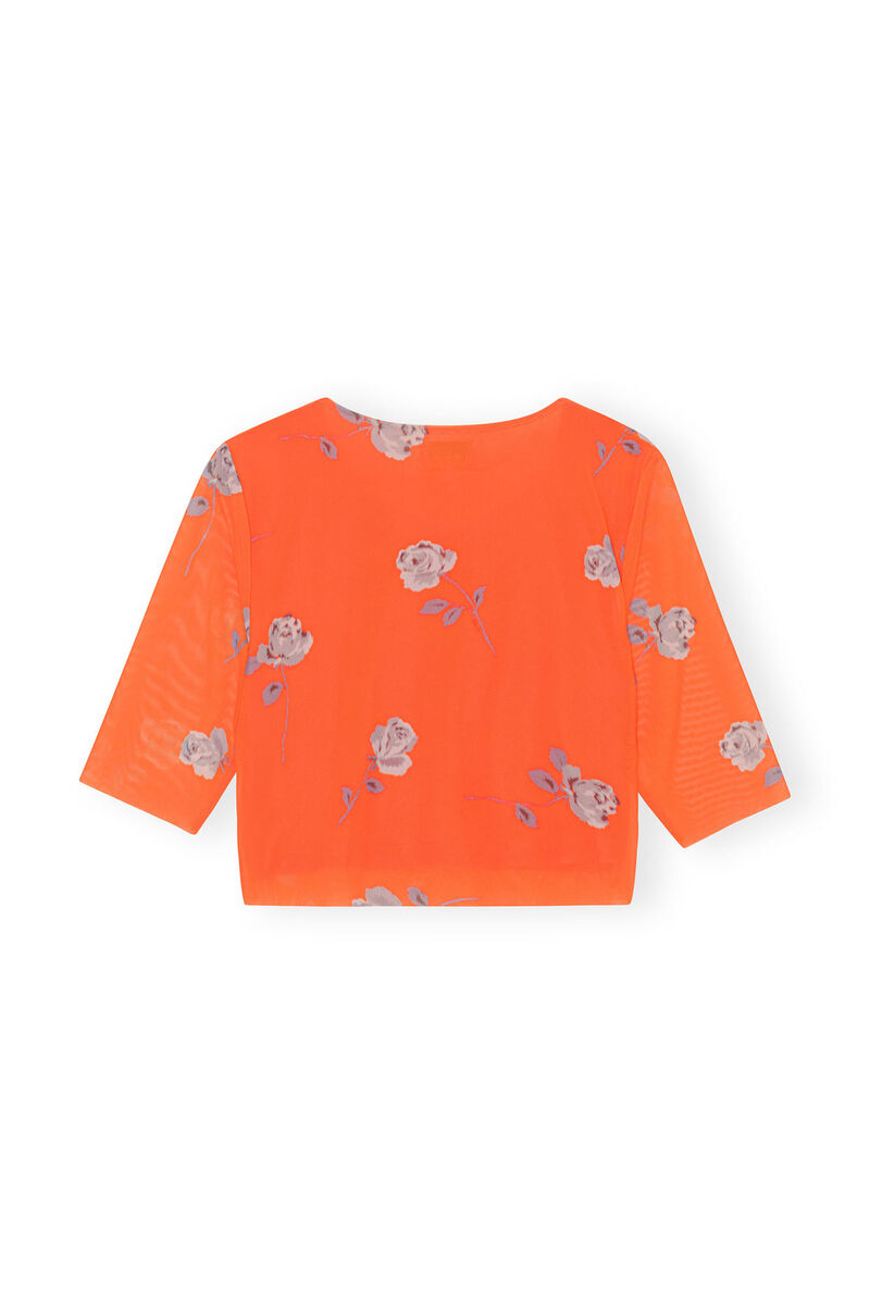 Orange Printed Mesh Cropped T-shirt, Recycled Nylon, in colour Orangeade - 2 - GANNI