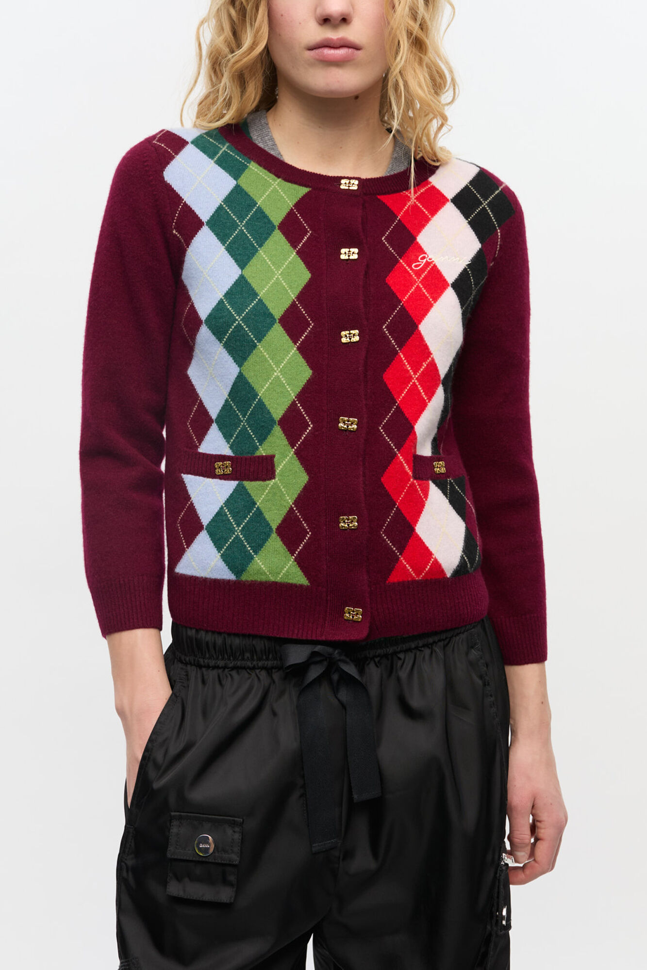 Burgundy Check Cardigan | GANNI US