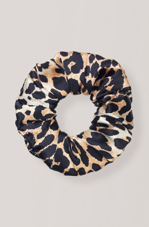 Ganni Silk Stretch Satin Scrunchie In Leopard