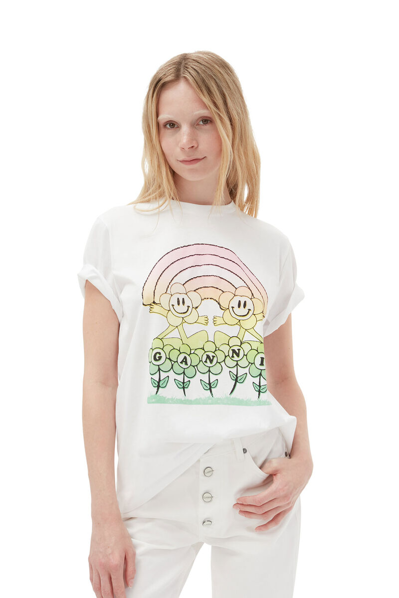 Relaxed Rainbow T-shirt , Cotton, in colour Bright White - 3 - GANNI