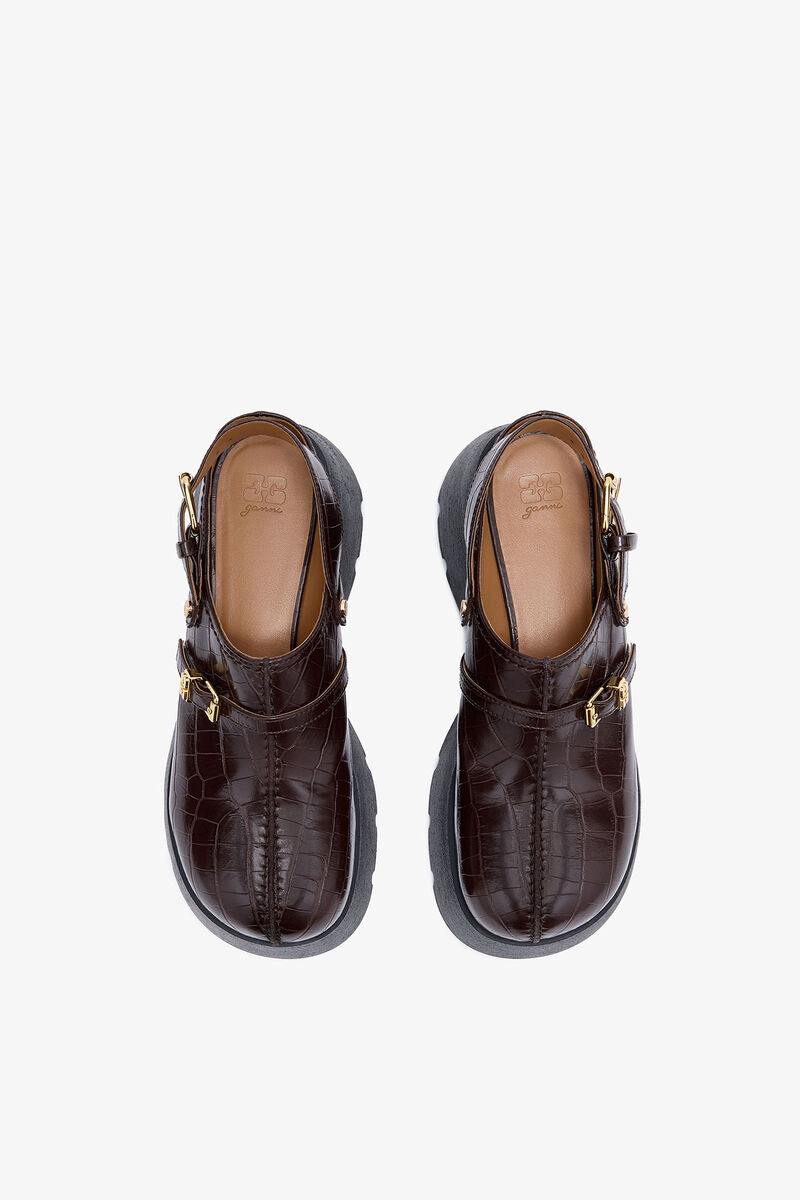 Platform Clogs in Brown Croco, Recycled Leather, in colour Chocolate Fondant - 3 - GANNI